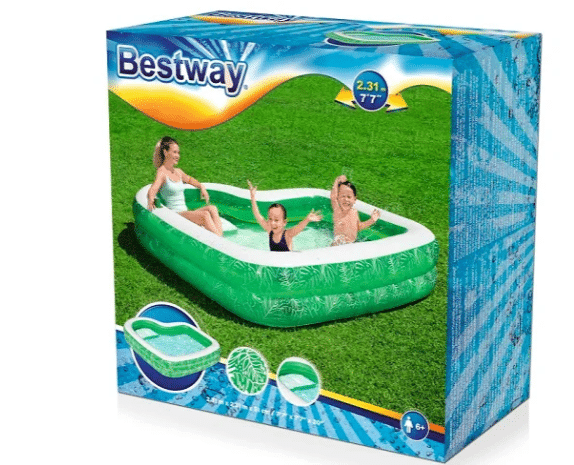 אריזת מוצר של Bestway לבריכה משפחתית מתנפחת ירוקה עם הדמיית שימוש של משפחה | bestpool